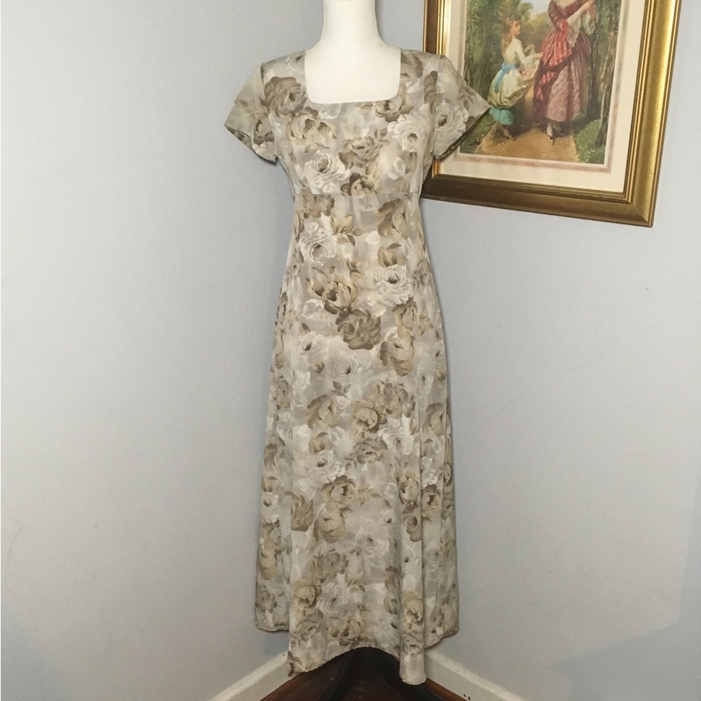 Vintage 90s Byer Too Beige Floral Square Neck Short Sleeve Maxi Dress 3